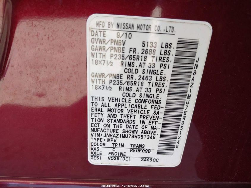 2011 Nissan Murano Sl VIN: JN8AZ1MU7BW051349 Lot: 43899553