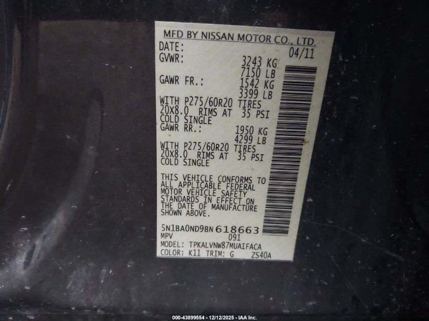 2011 Nissan Armada Platinum VIN: 5N1BA0ND9BN618663 Lot: 43899554