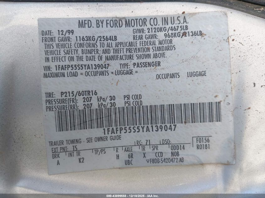 2000 Ford Taurus Ses VIN: 1FAFP55S5YA139047 Lot: 43899558