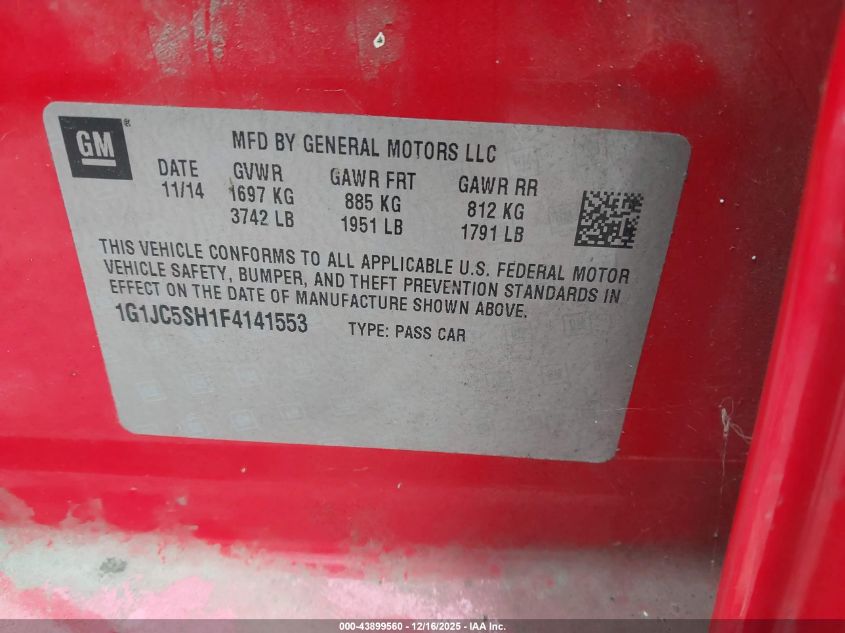 2015 Chevrolet Sonic Lt Auto VIN: 1G1JC5SH1F4141553 Lot: 43899560