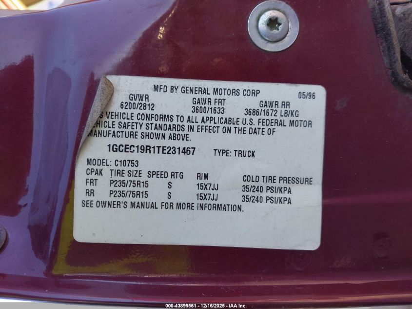 1996 Chevrolet Gmt-400 C1500 VIN: 1GCEC19R1TE231467 Lot: 43899561