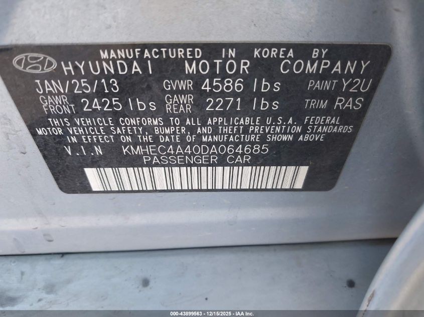 2013 Hyundai Sonata Hybrid Limited VIN: KMHEC4A40DA064685 Lot: 43899563