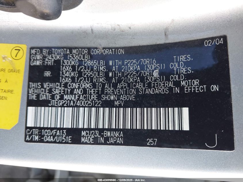 2004 Toyota Highlander V6 VIN: JTEGP21A740025122 Lot: 43899566