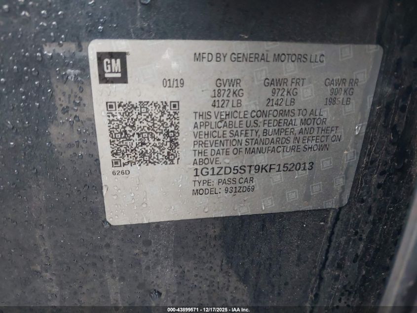 2019 Chevrolet Malibu Lt VIN: 1G1ZD5ST9KF152013 Lot: 43899571