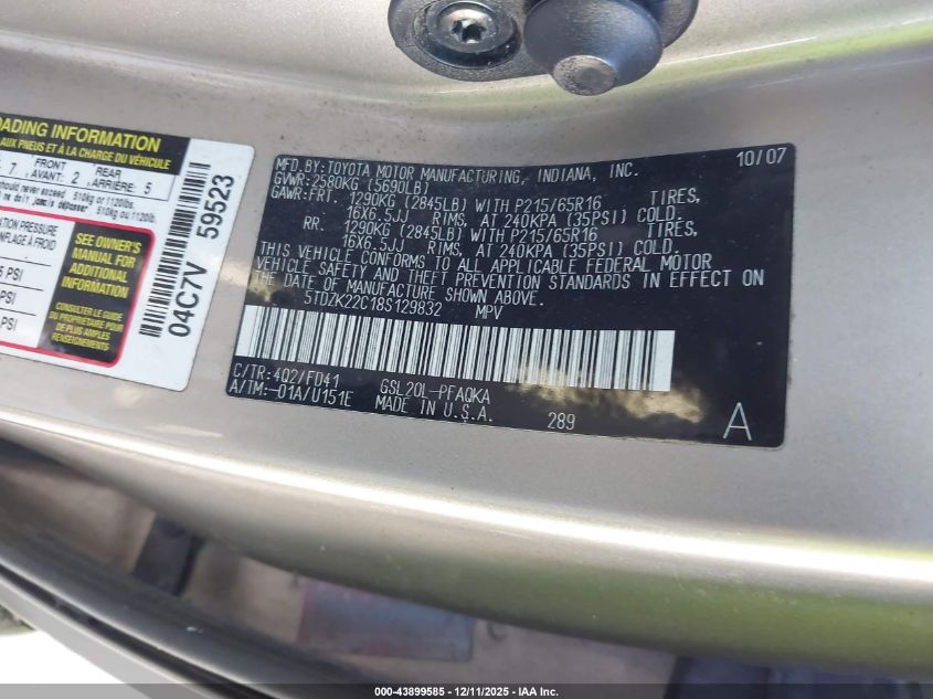 2008 Toyota Sienna Xle VIN: 5TDZK22C18S129832 Lot: 43899585