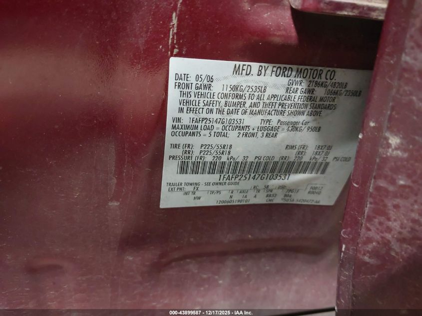 2007 Ford Five Hundred Limited VIN: 1FAFP25147G103531 Lot: 43899587