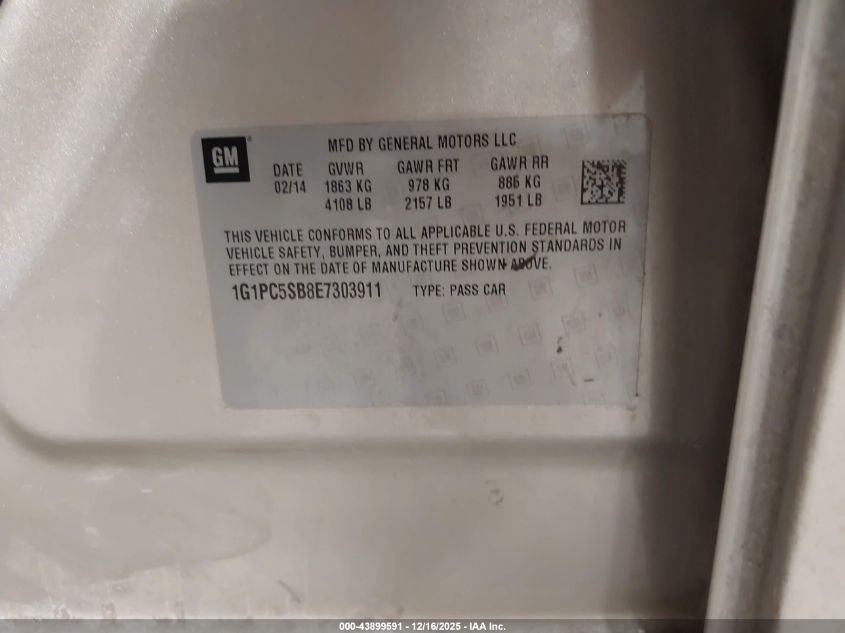 2014 Chevrolet Cruze 1Lt Auto VIN: 1G1PC5SB8E7303911 Lot: 43899591
