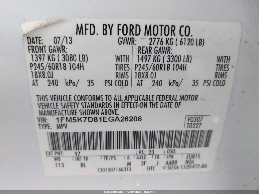 2014 Ford Explorer Xlt VIN: 1FM5K7D81EGA26206 Lot: 43899600