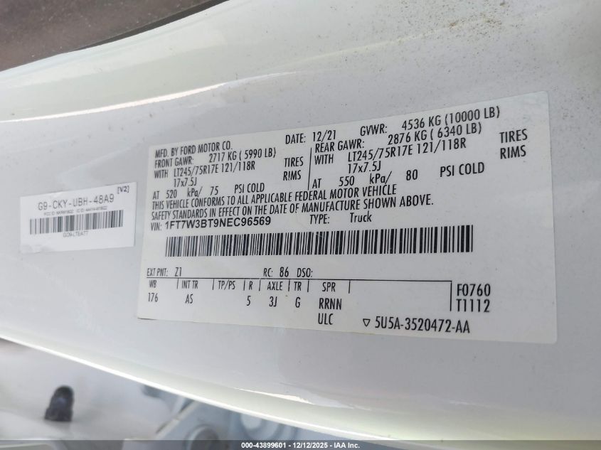 2022 Ford F-350 Xl VIN: 1FT7W3BT9NEC96569 Lot: 43899601