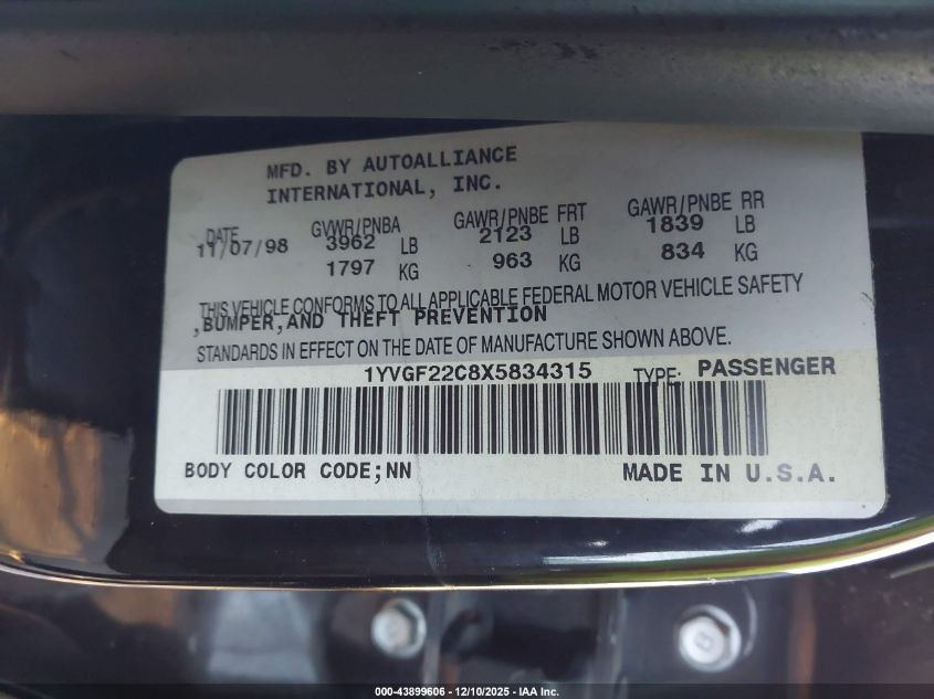 1999 Mazda 626 Es/Lx VIN: 1YVGF22C8X5834315 Lot: 43899606
