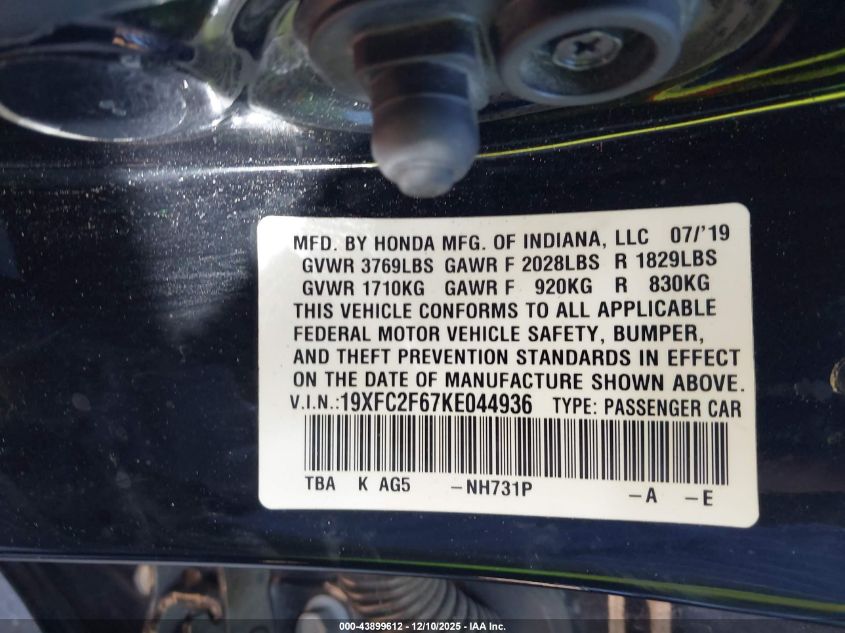 2019 Honda Civic Lx VIN: 19XFC2F67KE044936 Lot: 43899612