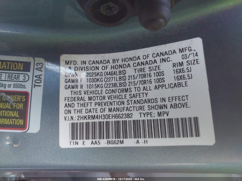 2014 Honda Cr-V Lx VIN: 2HKRM4H30EH662382 Lot: 43899616