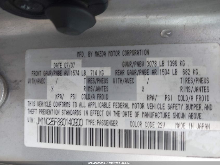 2008 Mazda Mx-5 Miata VIN: JM1NC25F880140900 Lot: 43899630