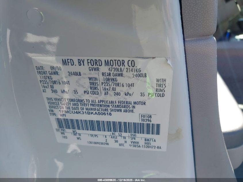2011 Ford Escape Hybrid VIN: 1FMCU4K31BKA50618 Lot: 43899635