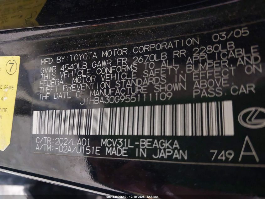 2005 Lexus Es 330 VIN: JTHBA30G955111109 Lot: 43899640