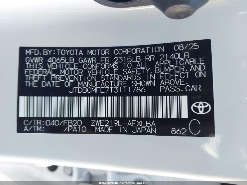 2026 Toyota Corolla Hybrid Le VIN: JTDBCMFE7T3111786 Lot: 43899648