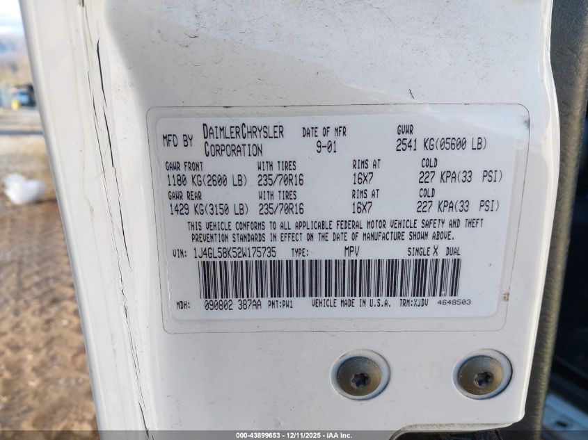 2002 Jeep Liberty Limited Edition VIN: 1J4GL58K52W175735 Lot: 43899653