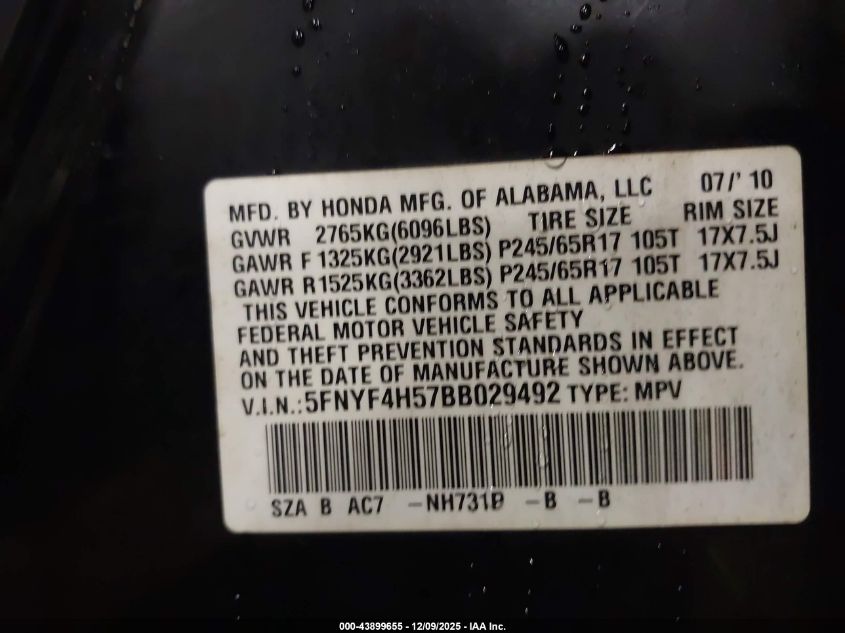 2011 Honda Pilot Ex-L VIN: 5FNYF4H57BB029492 Lot: 43899655