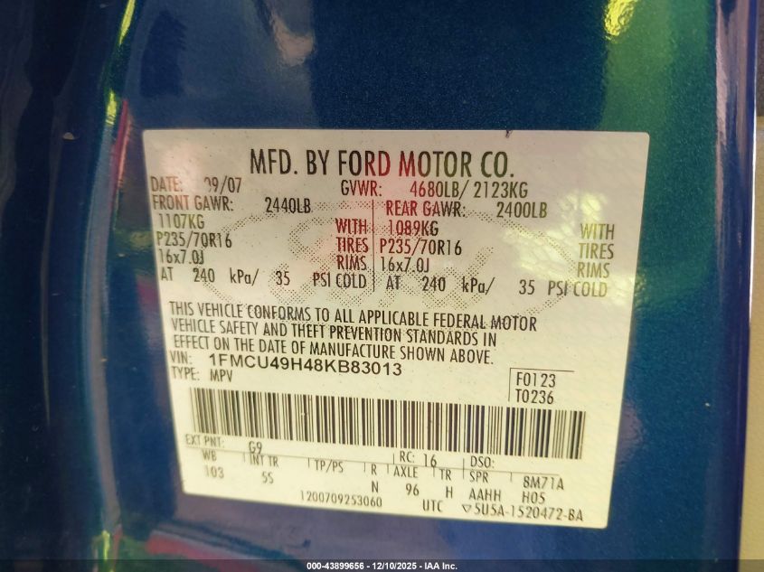 2008 Ford Escape Hybrid VIN: 1FMCU49H48KB83013 Lot: 43899656