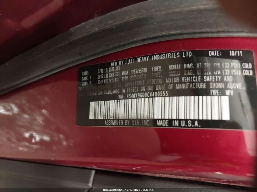 2012 Subaru Tribeca 3.6R Limited VIN: 4S4WX9GD0C4400555 Lot: 43899661