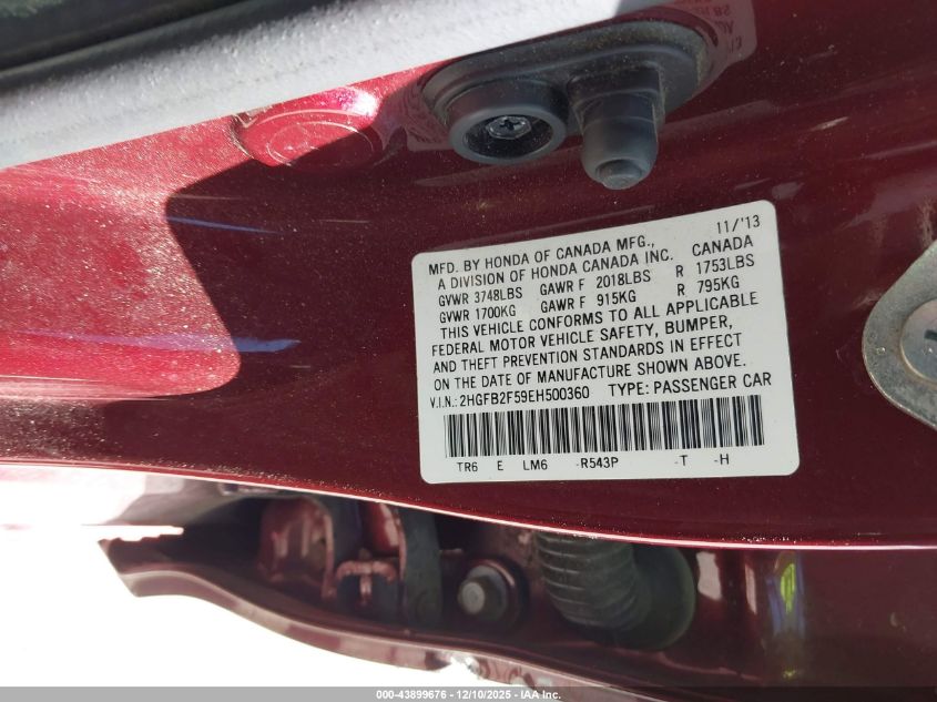 2014 Honda Civic Lx VIN: 2HGFB2F59EH500360 Lot: 43899676