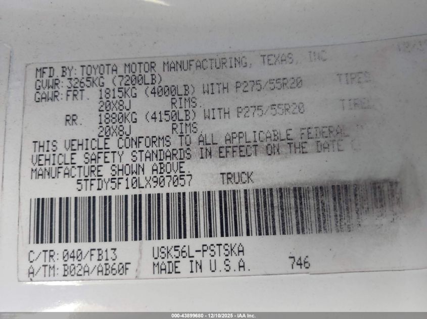 2020 Toyota Tundra Sr5 VIN: 5TFDY5F10LX907057 Lot: 43899680