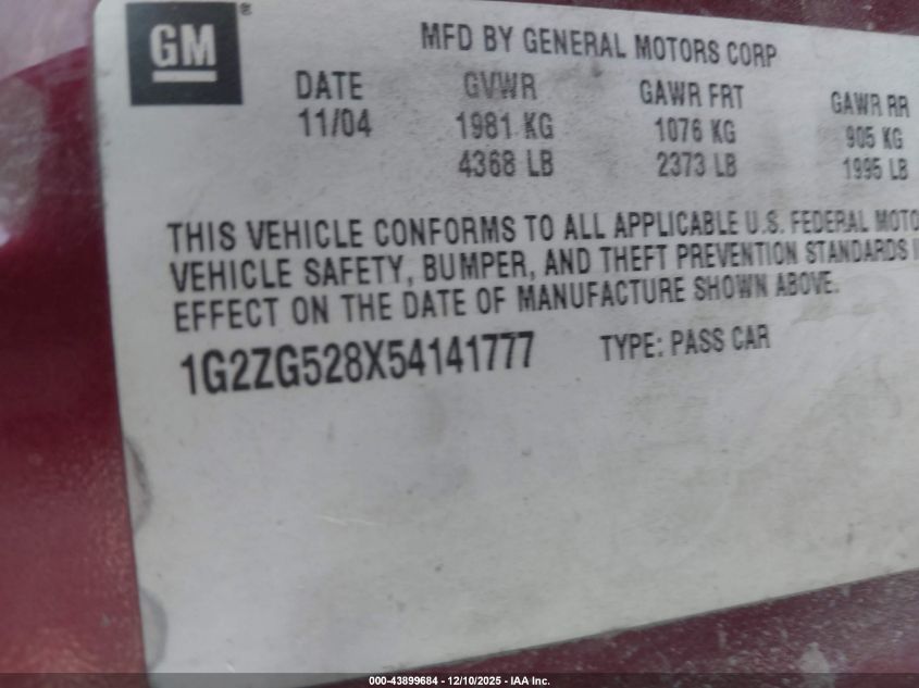 2005 Pontiac G6 VIN: 1G2ZG528X54141777 Lot: 43899684