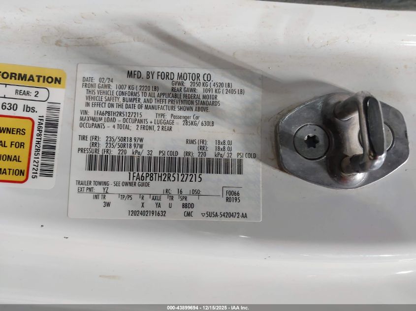 2024 Ford Mustang Ecoboost Premium Fastback VIN: 1FA6P8TH2R5127215 Lot: 43899694