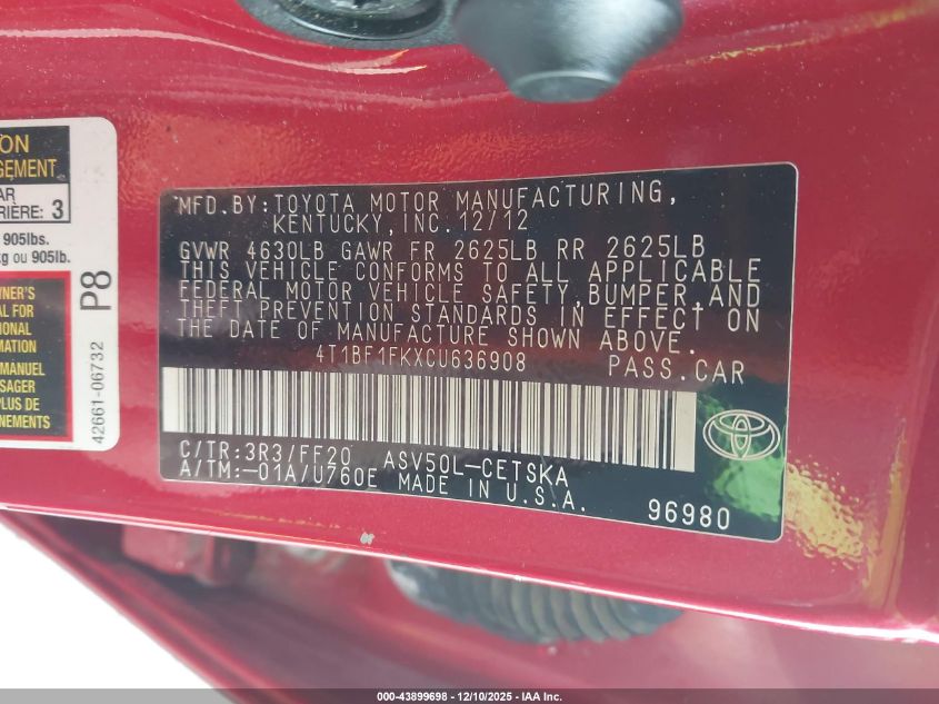 2012 Toyota Camry Se Limited Edition VIN: 4T1BF1FKXCU636908 Lot: 43899698