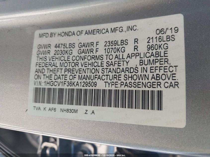 2019 Honda Accord Sport VIN: 1HGCV1F36KA129509 Lot: 43899699
