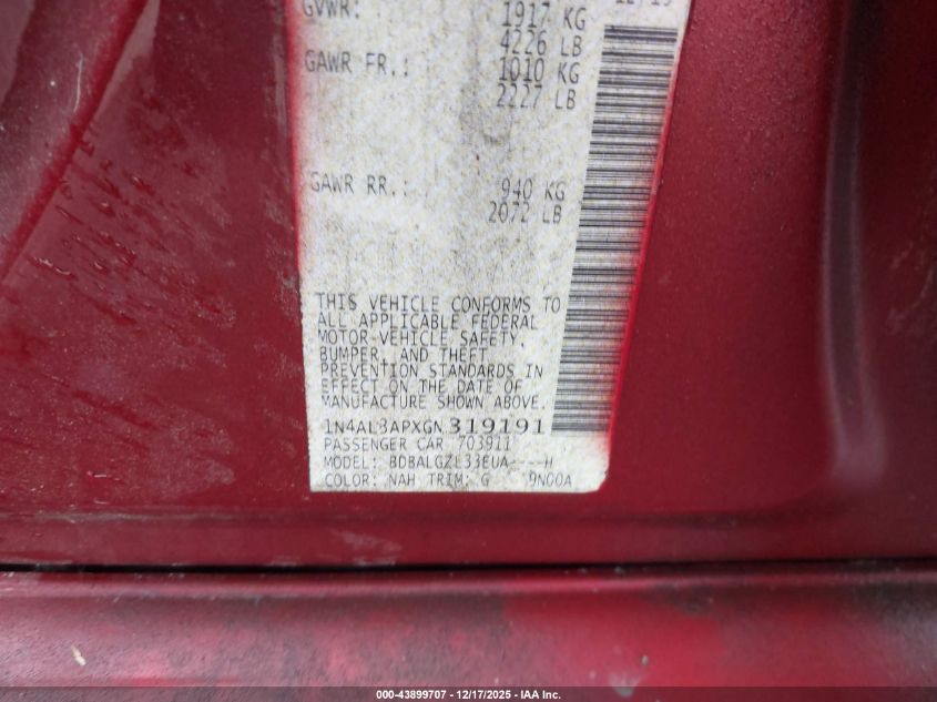 2016 Nissan Altima 2.5 S VIN: 1N4AL3APXGN319191 Lot: 43899707