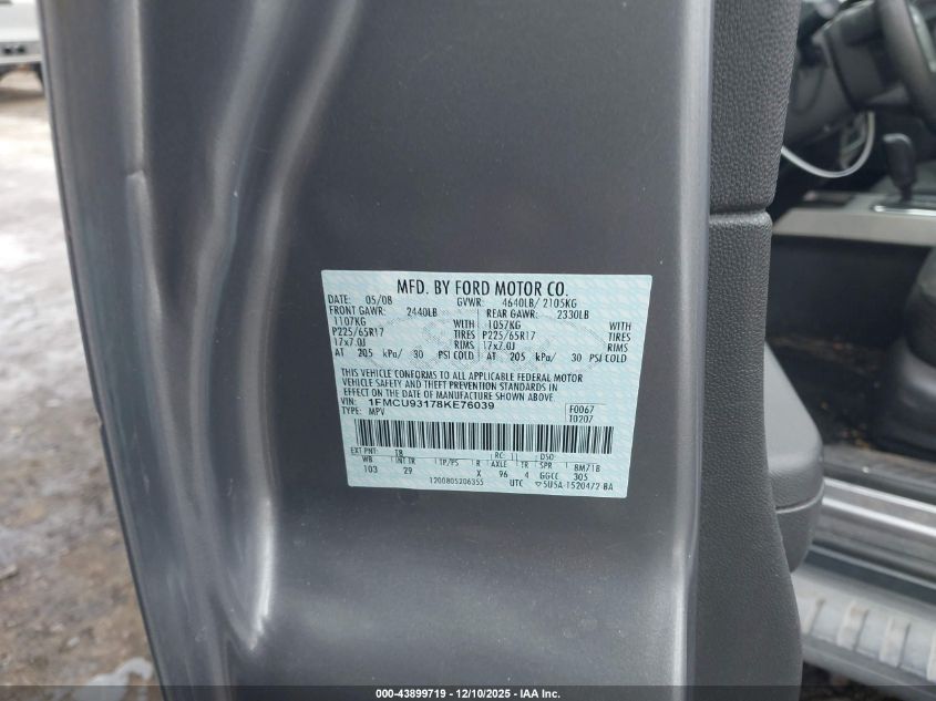 2008 Ford Escape Xlt VIN: 1FMCU93178KE76039 Lot: 43899719