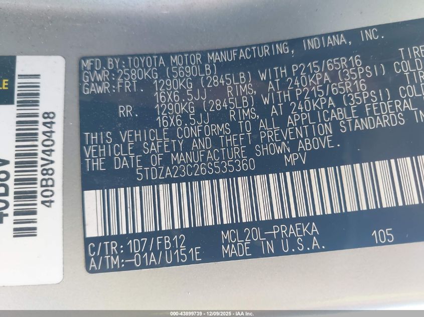 2006 Toyota Sienna Ce VIN: 5TDZA23C26S535360 Lot: 43899739