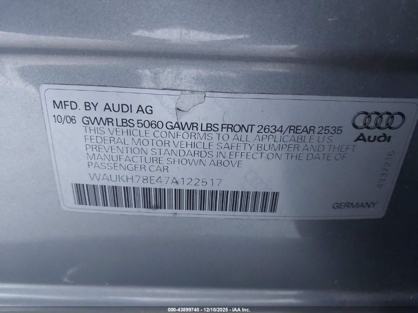 2007 Audi A4 3.2 Avant VIN: WAUKH78E47A122517 Lot: 43899740