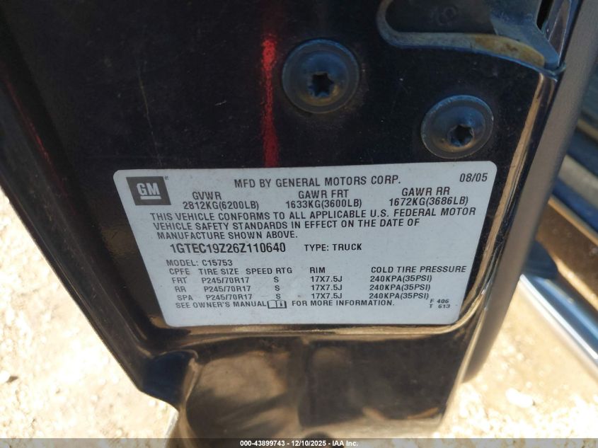 2006 GMC Sierra 1500 Sle2 VIN: 1GTEC19Z26Z110640 Lot: 43899743