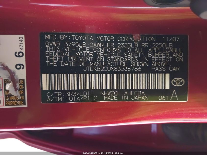 2008 Toyota Prius Touring VIN: JTDKB20UX83336766 Lot: 43899751