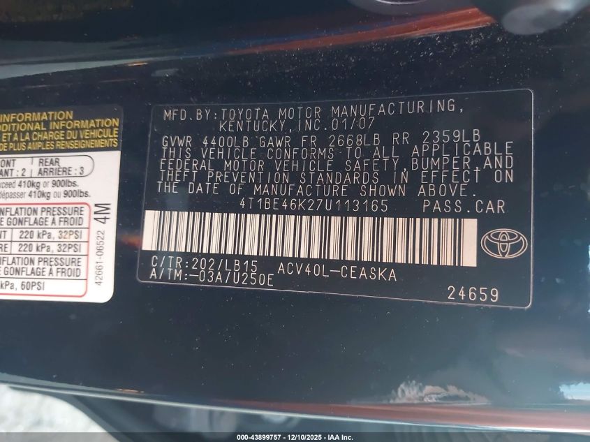 2007 Toyota Camry Se VIN: 4T1BE46K27U113165 Lot: 43899757