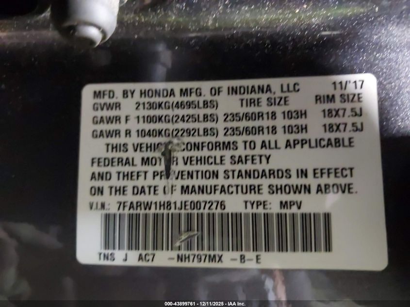2018 Honda Cr-V Ex-L/Ex-L Navi VIN: 7FARW1H81JE007276 Lot: 43899761