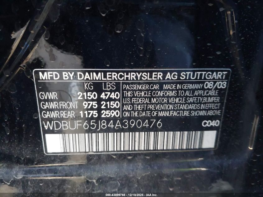 2004 Mercedes-Benz E 320 VIN: WDBUF65J84A390476 Lot: 43899766