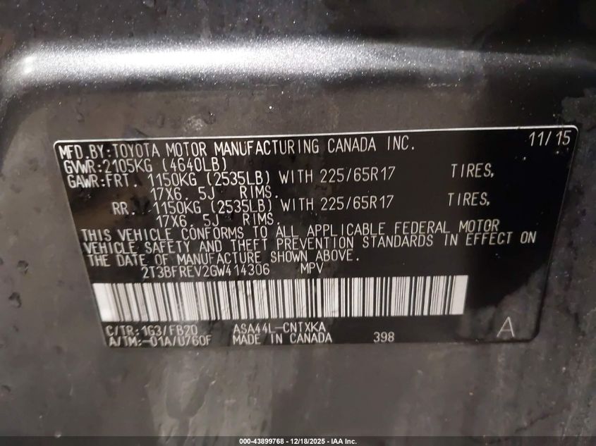 2016 Toyota Rav4 Le VIN: 2T3BFREV2GW414306 Lot: 43899768