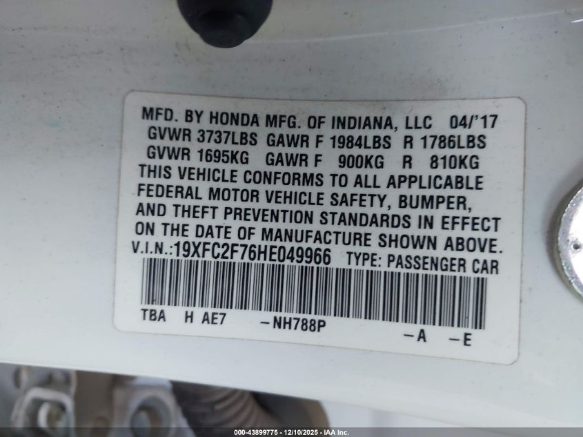 2017 Honda Civic Ex VIN: 19XFC2F76HE049966 Lot: 43899775