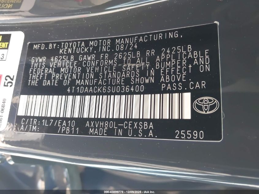 2025 Toyota Camry Se VIN: 4T1DAACK6SU036400 Lot: 43899778