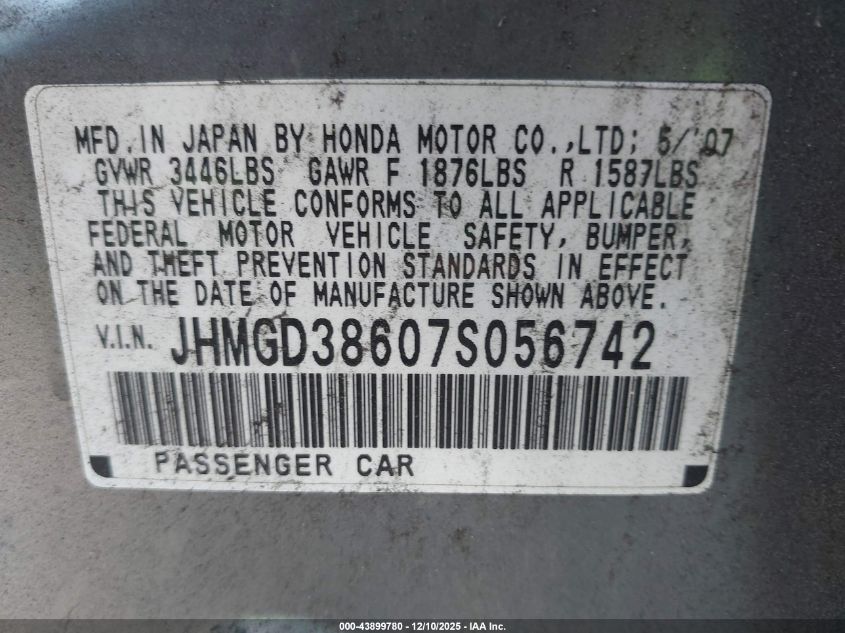 2007 Honda Fit Sport VIN: JHMGD38607S056742 Lot: 43899780