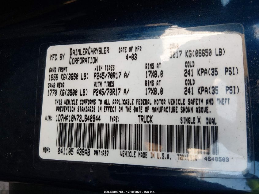 2003 Dodge Ram 1500 Slt/Laramie/St VIN: 1D7HA18N73J640944 Lot: 43899784