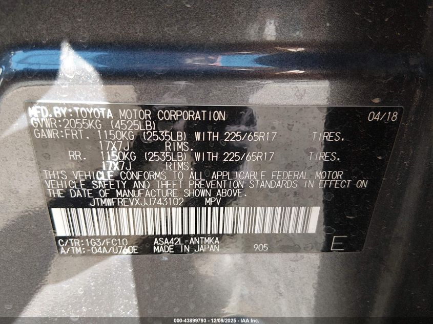 2018 Toyota Rav4 Xle VIN: JTMWFREVXJJ743102 Lot: 43899793