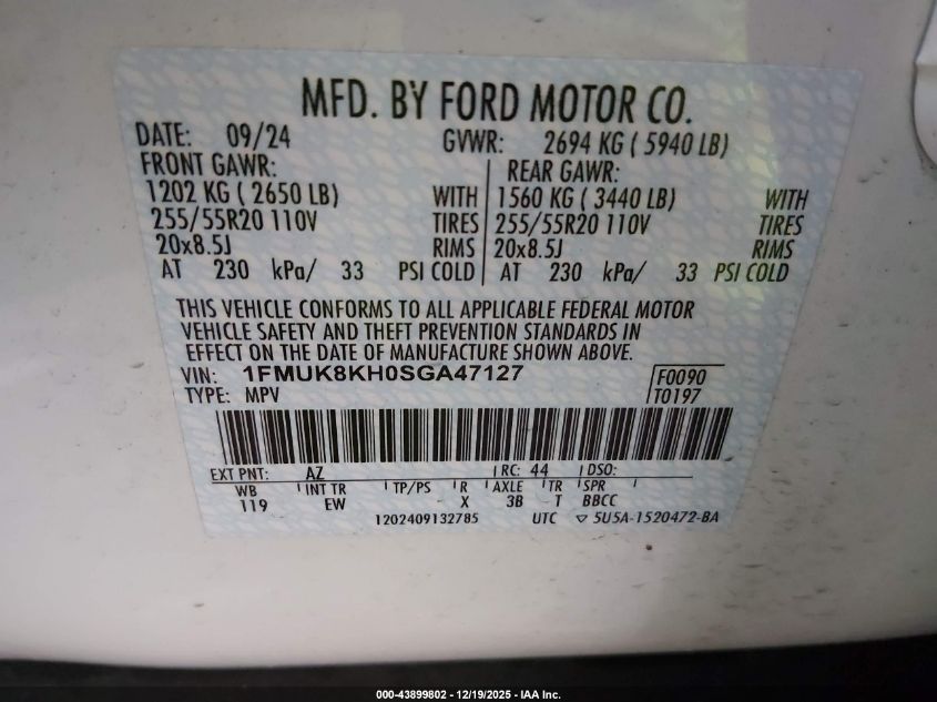 2025 Ford Explorer St-Line VIN: 1FMUK8KH0SGA47127 Lot: 43899802