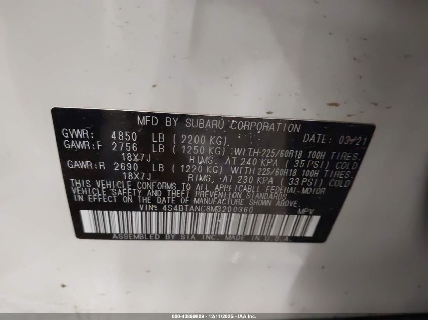 2021 Subaru Outback Limited VIN: 4S4BTANC8M3200360 Lot: 43899809