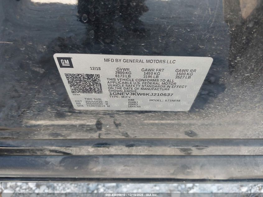 2019 Chevrolet Traverse High Country VIN: 1GNEVJKW6KJ210637 Lot: 43899810