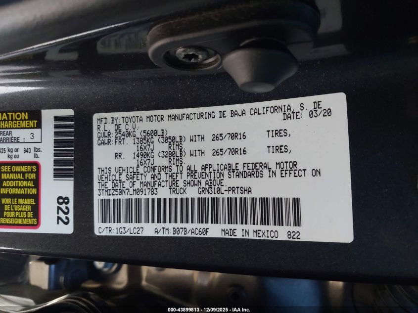 2020 Toyota Tacoma Trd Off-Road VIN: 3TMDZ5BN7LM091783 Lot: 43899813