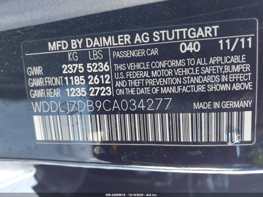 2012 Mercedes-Benz Cls 550 VIN: WDDLJ7DB9CA034277 Lot: 43899815